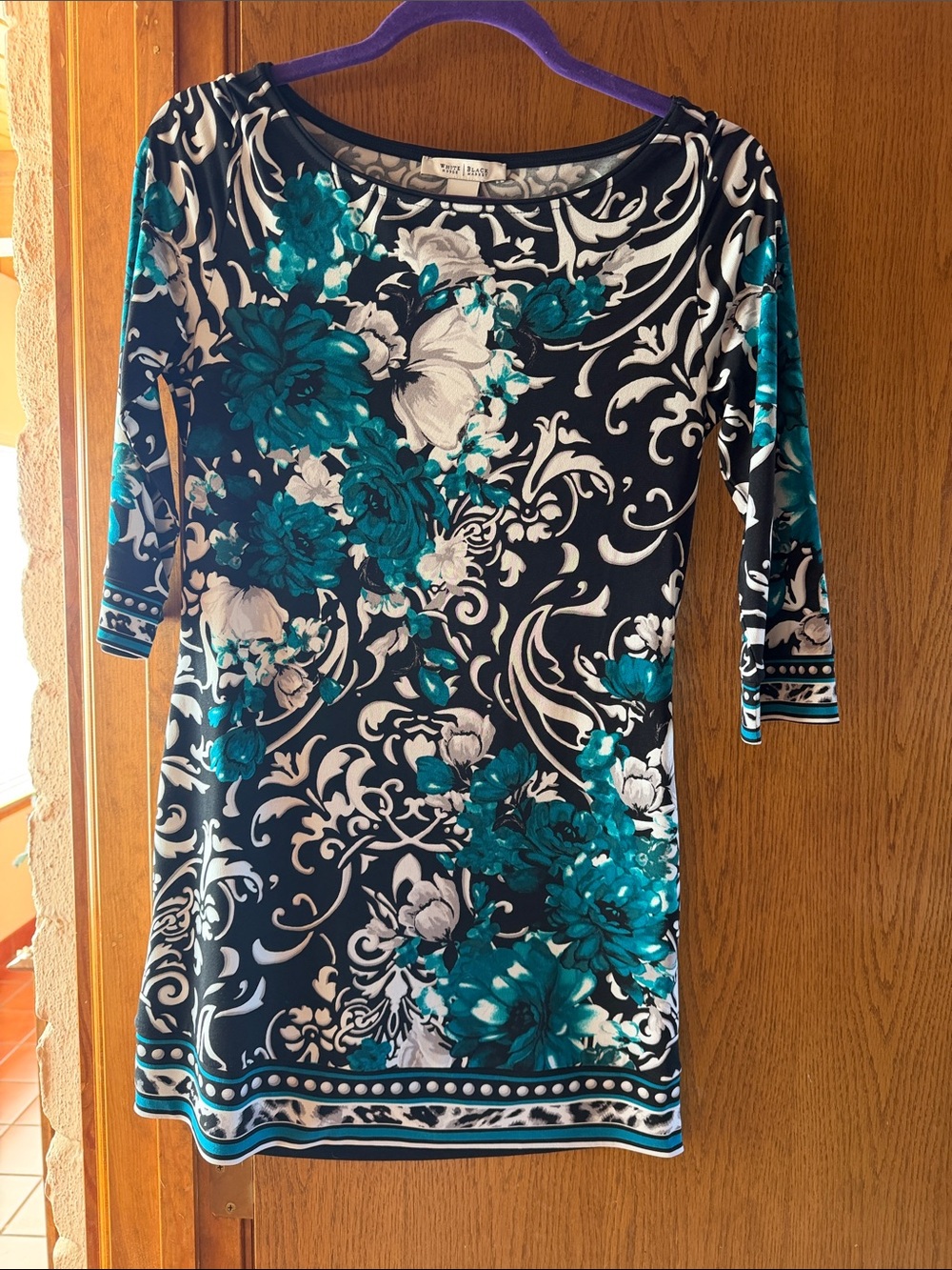 White House Black Market Teal, Black & White Floral Midi Dress